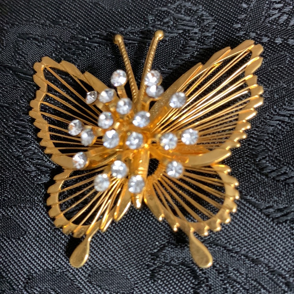 Vintage Monet Gold Butterfly Brooch w/ Wire Wings and a Rhinestone Cluster Body